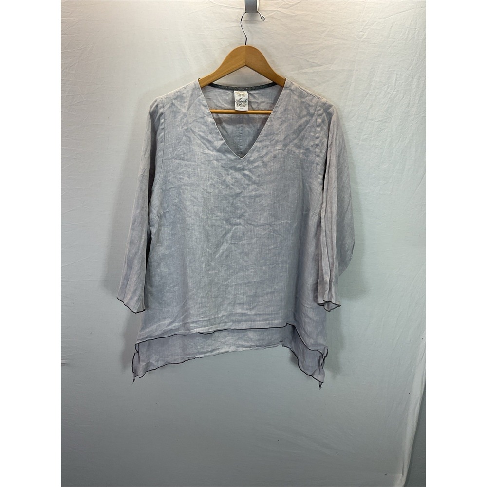 Match Point Linen Top M Gray Tunic Short Sleeve Sharkbite Hem Lagenlook USA Made